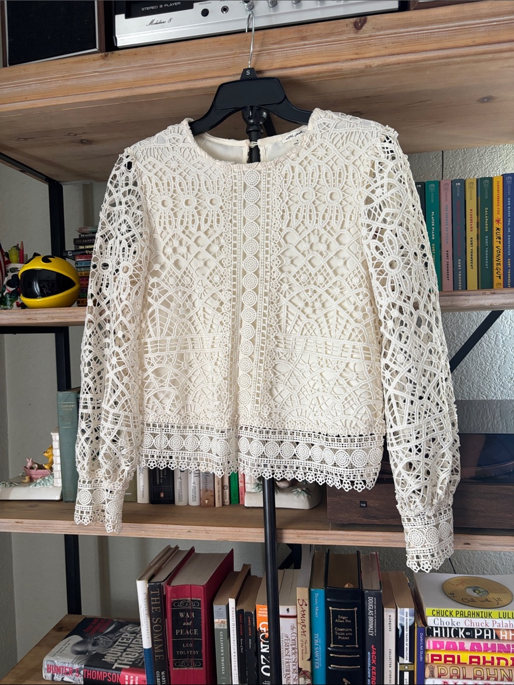 Ultra Pink Ivory Crochet Lace Long Sleeve Blouse